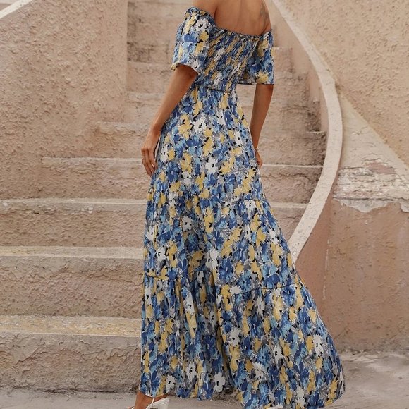 Blue Boho Womens Allover Floral Print Shirred Off Shoulder Ruffle Hem Dress - Picture 2 of 5